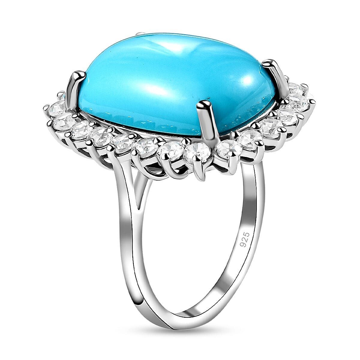 Arizona Sleeping Beauty Turquoise (CS 9.50 Cts) and Natural Zircon Halo Ring in Platinum Overlay Sterling Silver 11.70 Ct.