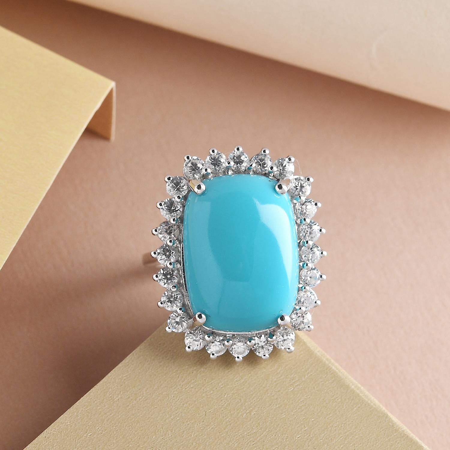 Arizona Sleeping Beauty Turquoise (CS 9.50 Cts) and Natural Zircon Halo Ring in Platinum Overlay Sterling Silver 11.70 Ct.