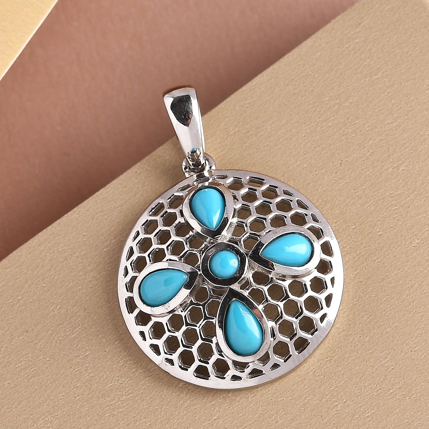 Arizona Sleeping Beauty Turquoise HoneyComb Pendant in Platinum Overlay Sterling Silver