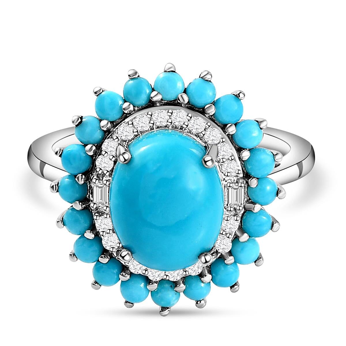 Arizona Sleeping Beauty Turquoise and Natural Cambodian Zircon Ring in Platinum Overlay Sterling Silver 3.51 Ct.