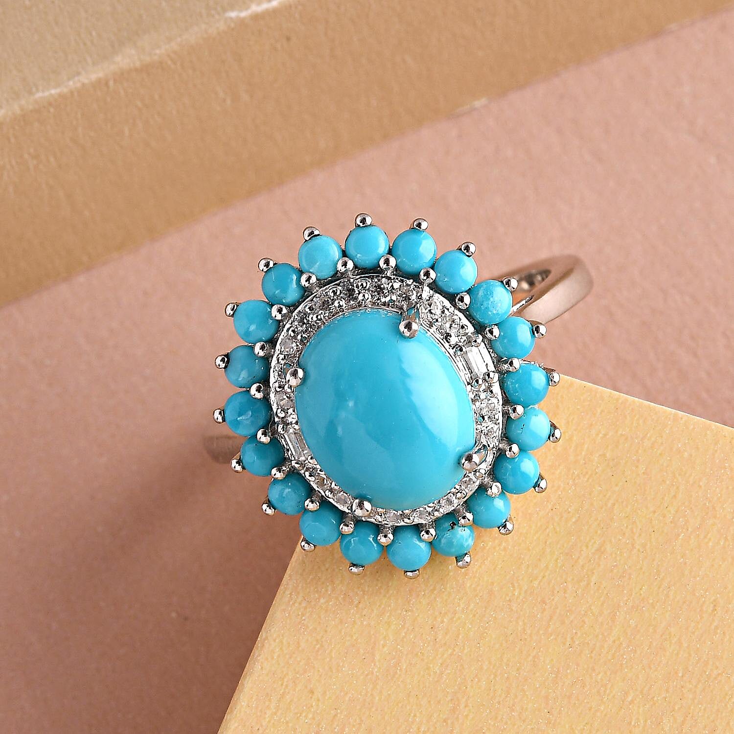 Arizona Sleeping Beauty Turquoise and Natural Cambodian Zircon Ring in Platinum Overlay Sterling Silver 3.51 Ct.