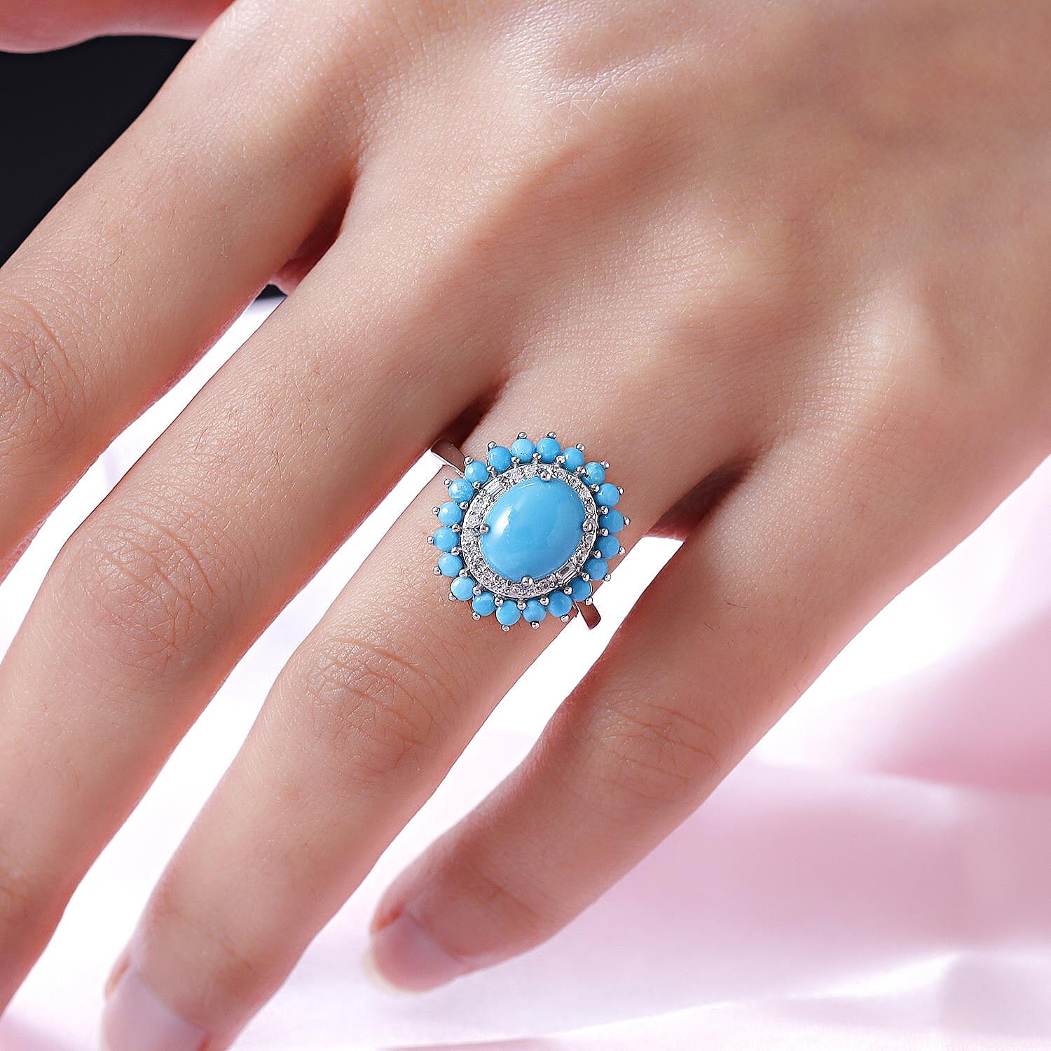 Arizona Sleeping Beauty Turquoise and Natural Cambodian Zircon Ring in Platinum Overlay Sterling Silver 3.51 Ct.