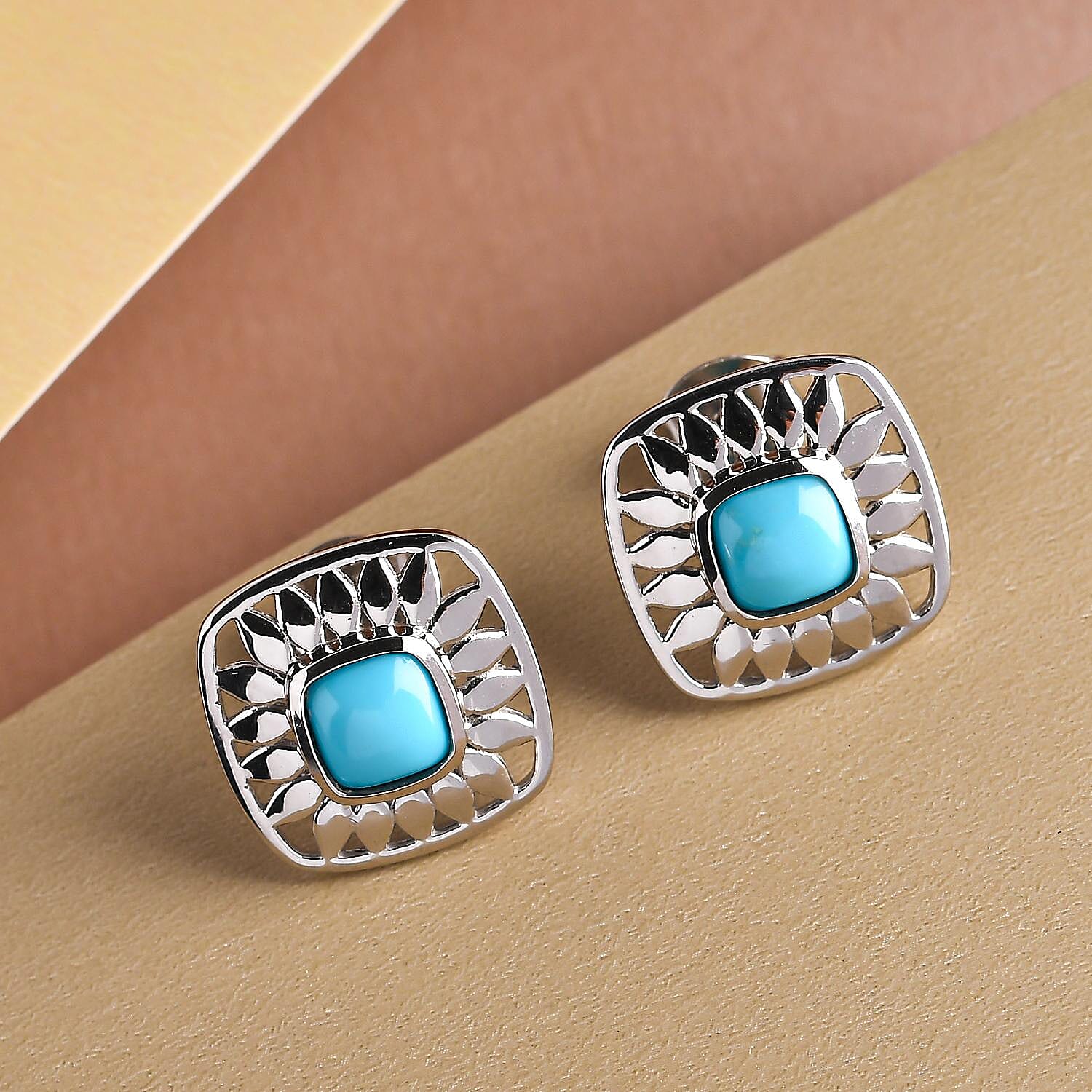 Arizona Sleeping Beauty Turquoise Stud Earrings (With Push Back) in Platinum Overlay Sterling Silver 1.08 Ct.