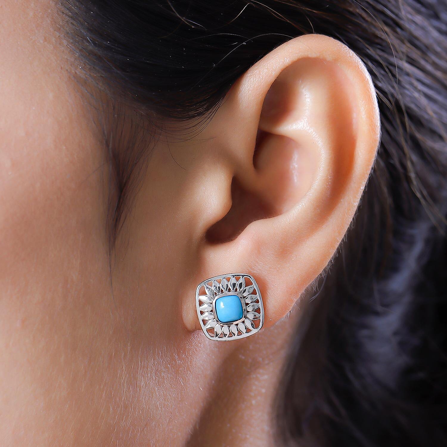 Arizona Sleeping Beauty Turquoise Stud Earrings (With Push Back) in Platinum Overlay Sterling Silver 1.08 Ct.
