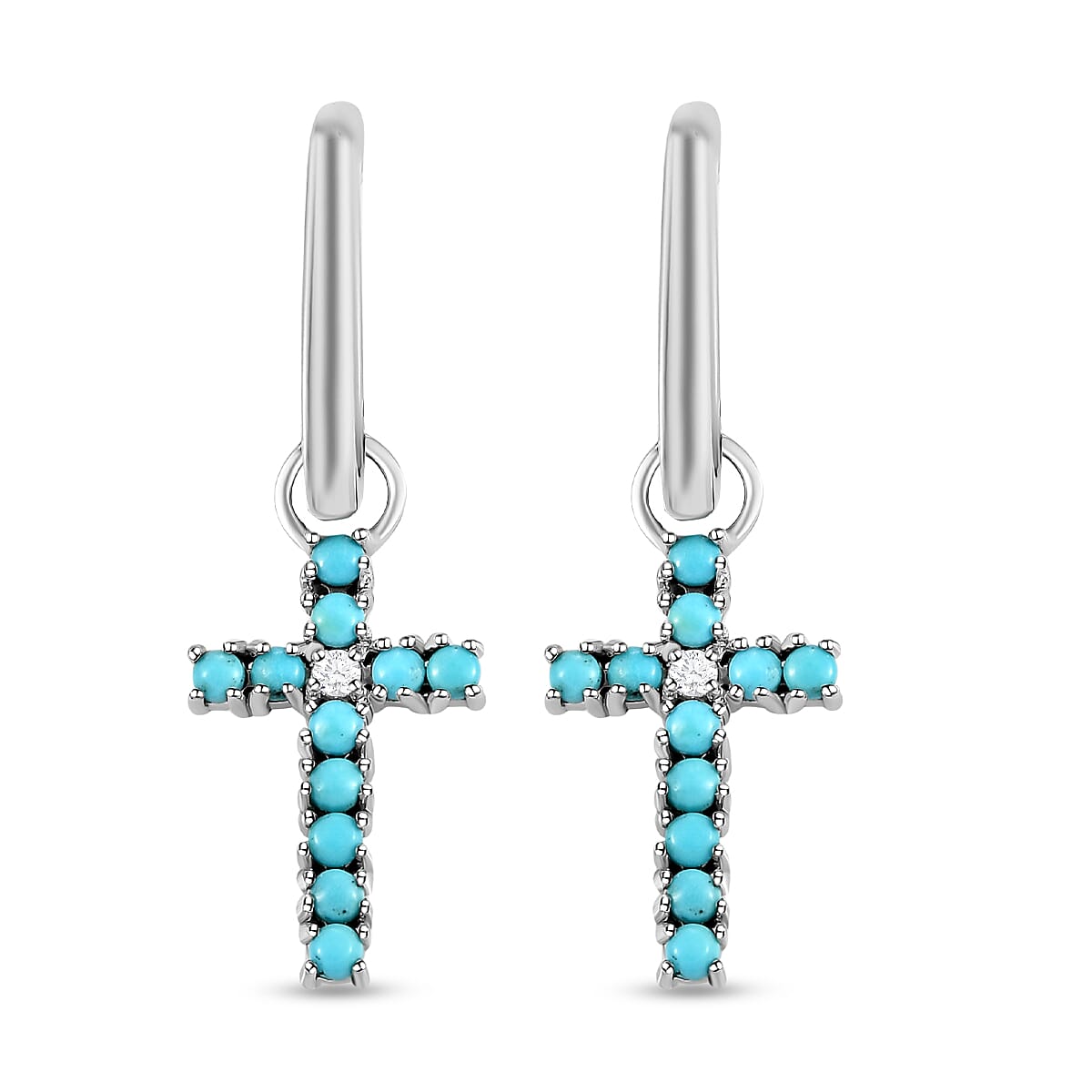 Arizona Sleeping Beauty Turquoise and Natural Cambodian Zircon Cross Hoop Earrings (With Clasp) in Platinum Overlay Sterling Silver 1.02 Ct.