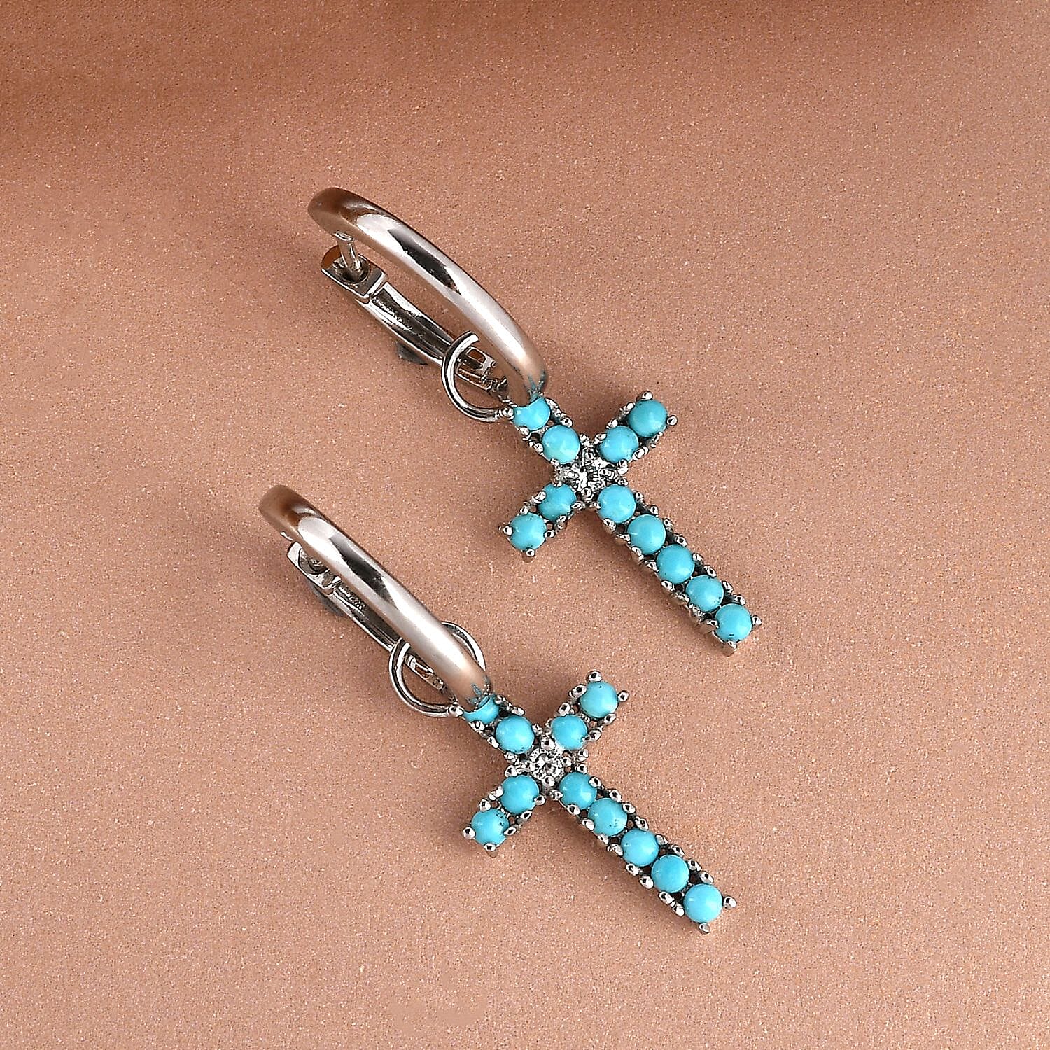Arizona Sleeping Beauty Turquoise and Natural Cambodian Zircon Cross Hoop Earrings (With Clasp) in Platinum Overlay Sterling Silver 1.02 Ct.