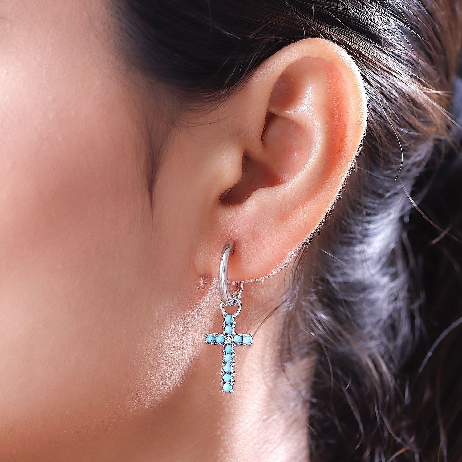 Arizona Sleeping Beauty Turquoise and Natural Cambodian Zircon Cross Hoop Earrings (With Clasp) in Platinum Overlay Sterling Silver 1.02 Ct.