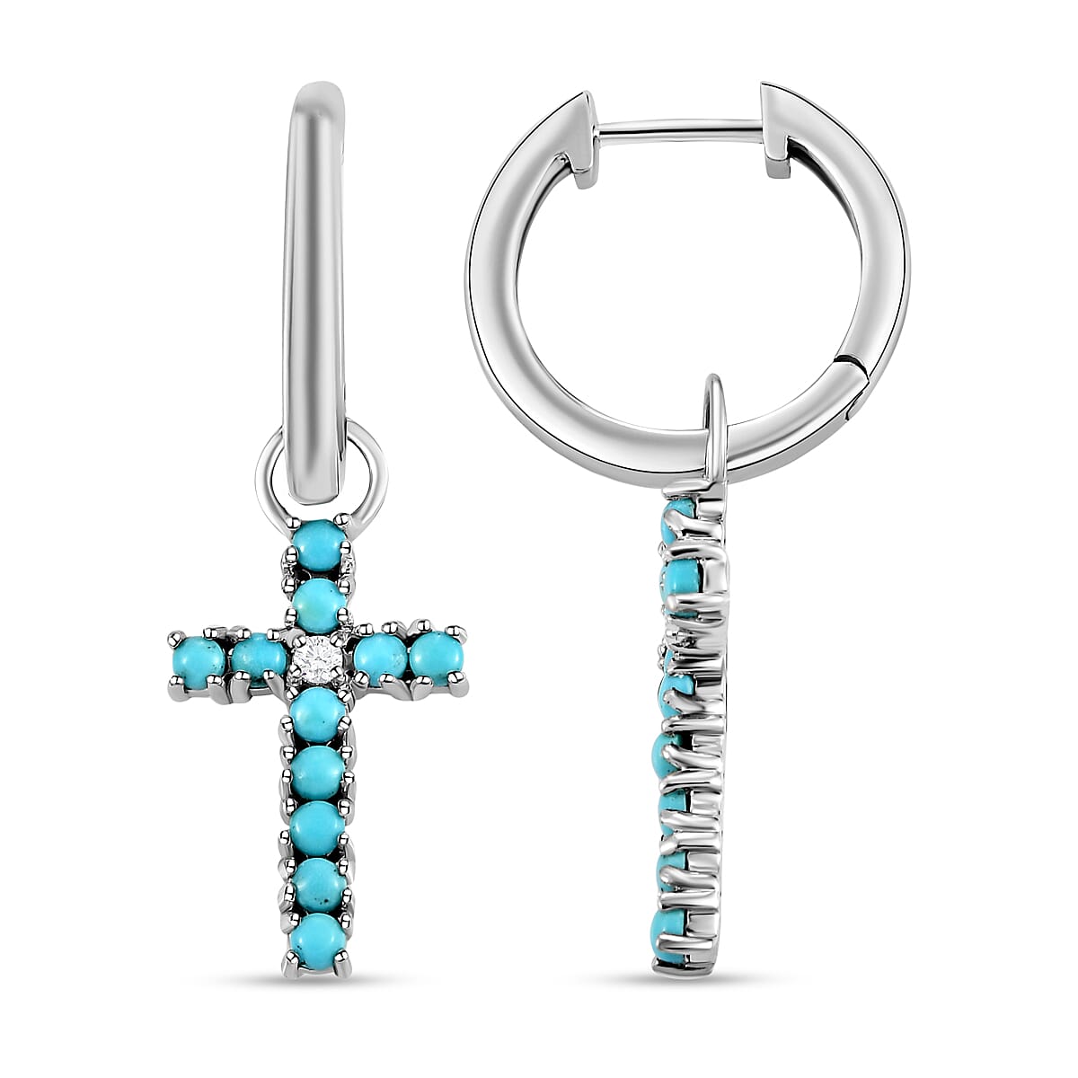 Arizona Sleeping Beauty Turquoise and Natural Cambodian Zircon Cross Hoop Earrings (With Clasp) in Platinum Overlay Sterling Silver 1.02 Ct.