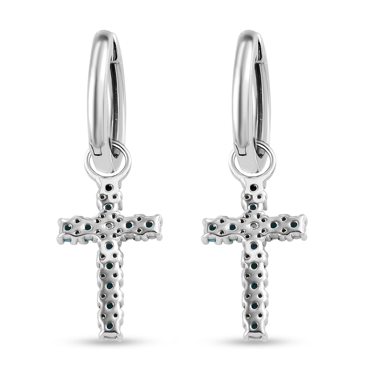 Arizona Sleeping Beauty Turquoise and Natural Cambodian Zircon Cross Hoop Earrings (With Clasp) in Platinum Overlay Sterling Silver 1.02 Ct.