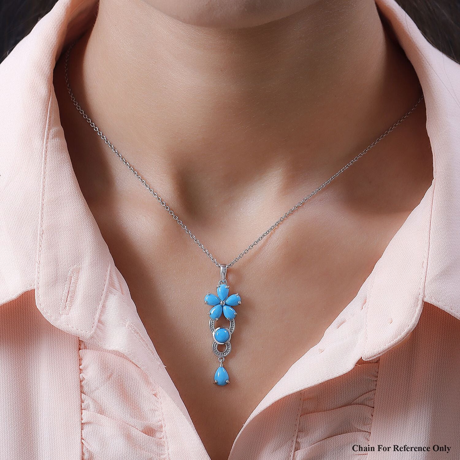 Arizona Sleeping Beauty Turquoise Floral Pendant in Platinum Overlay Sterling Silver 2.84 Ct.