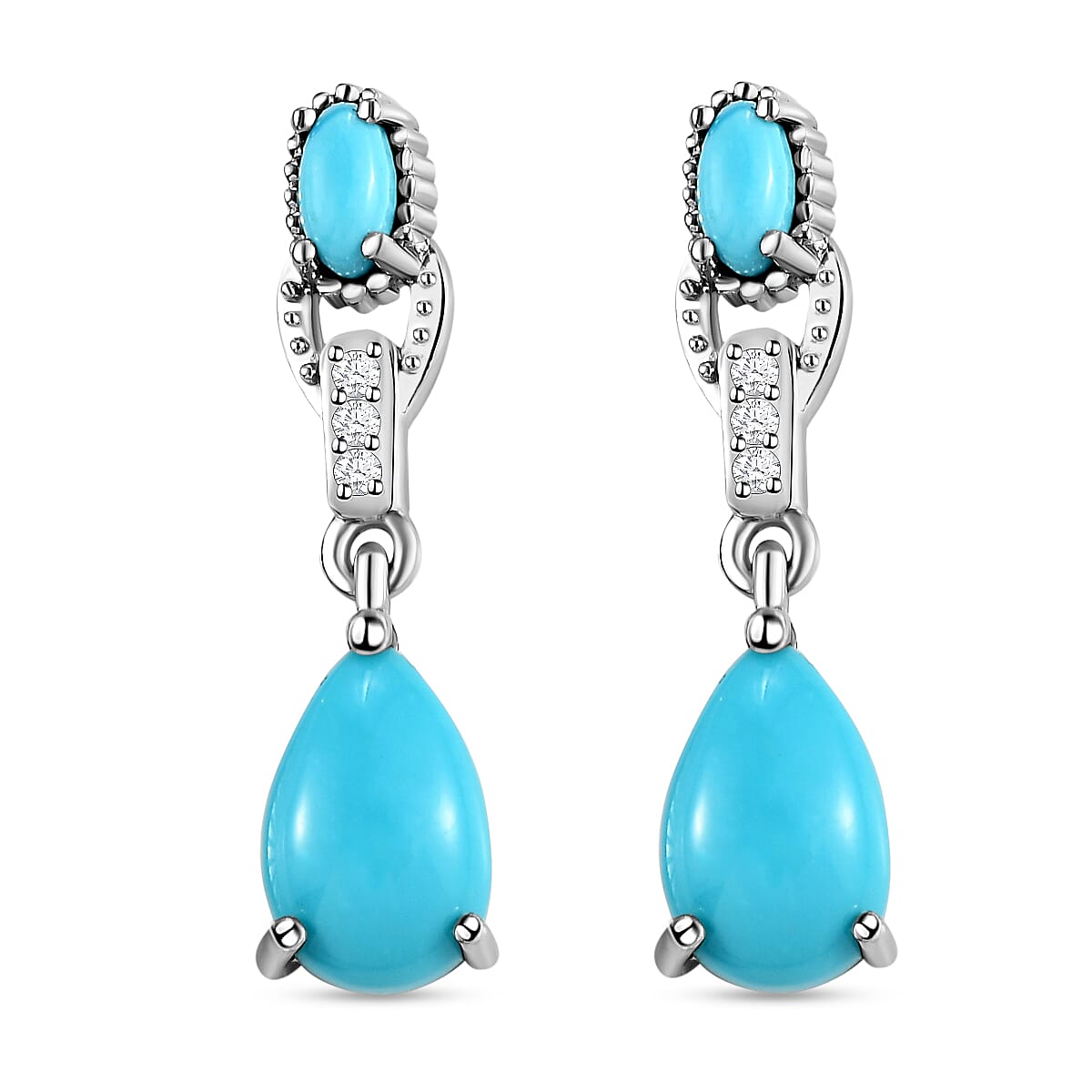 Arizona Sleeping Beauty Turquoise and Natural Cambodian Zircon Dangling Earrings (with Push Back) in Platinum Overlay Sterling Silver 1.88 Ct.