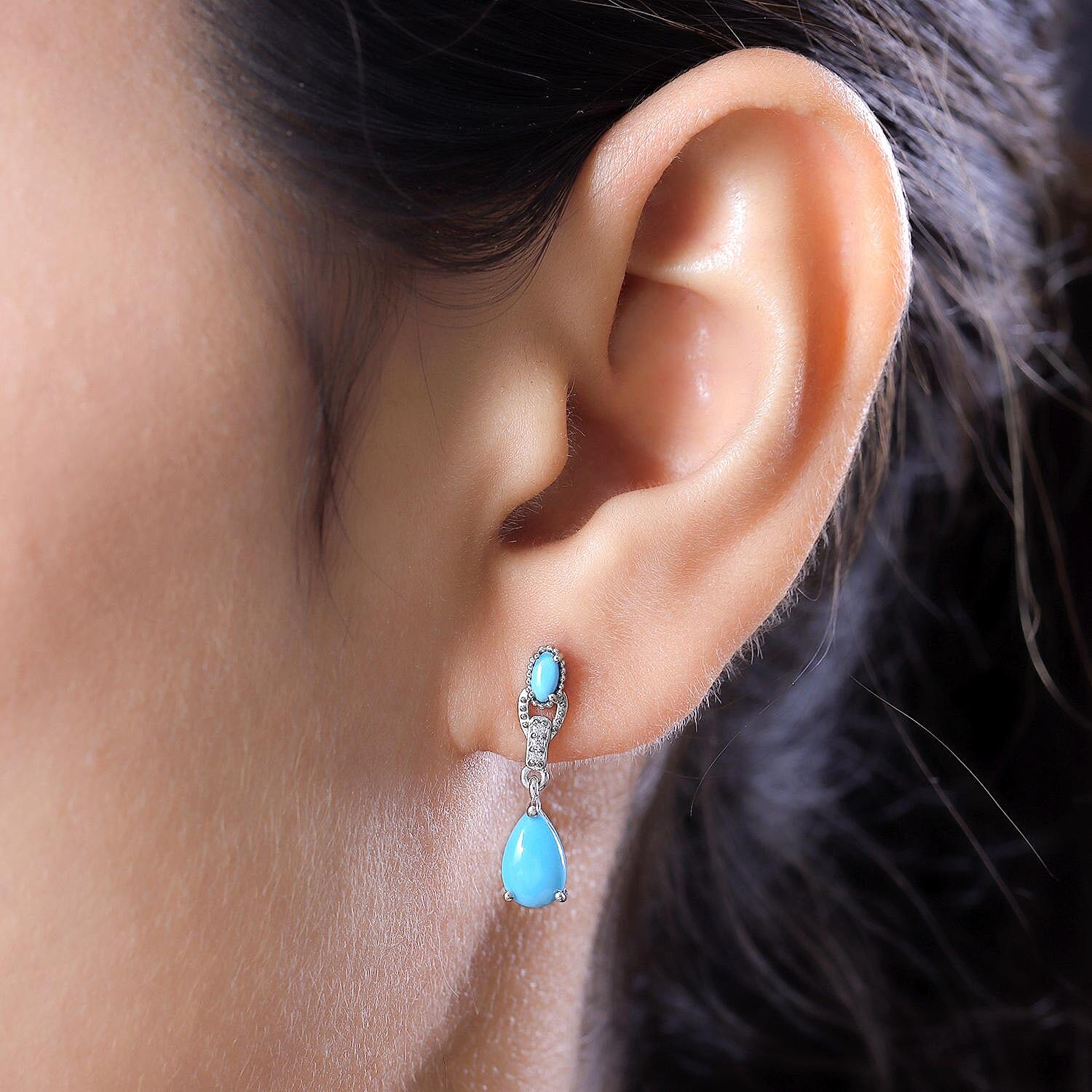 Arizona Sleeping Beauty Turquoise and Natural Cambodian Zircon Dangling Earrings (with Push Back) in Platinum Overlay Sterling Silver 1.88 Ct.