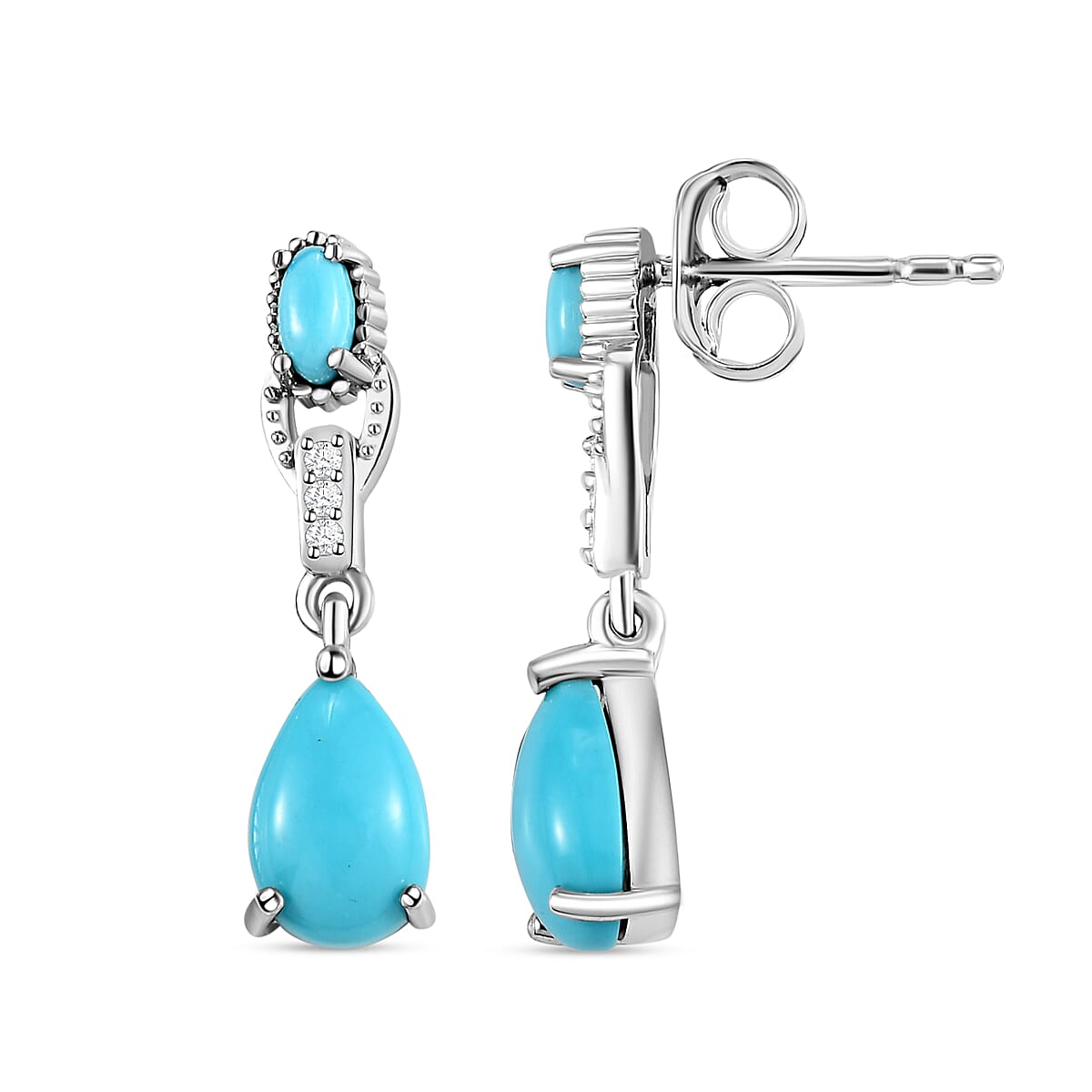 Arizona Sleeping Beauty Turquoise and Natural Cambodian Zircon Dangling Earrings (with Push Back) in Platinum Overlay Sterling Silver 1.88 Ct.