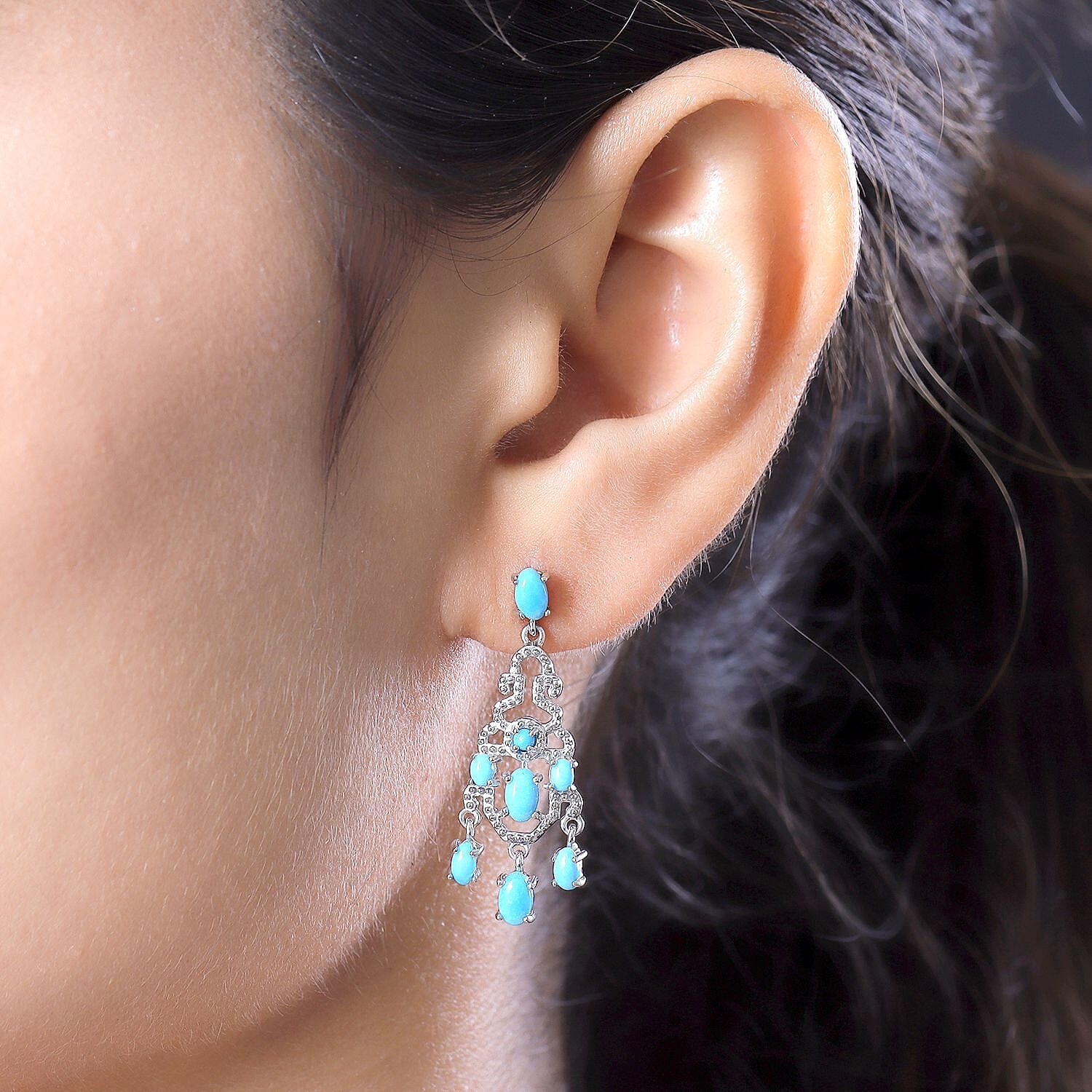 Arizona Sleeping Beauty Turquoise Dangling Earrings (With Push Back) in Platinum Overlay Sterling Silver 2.09 Ct.