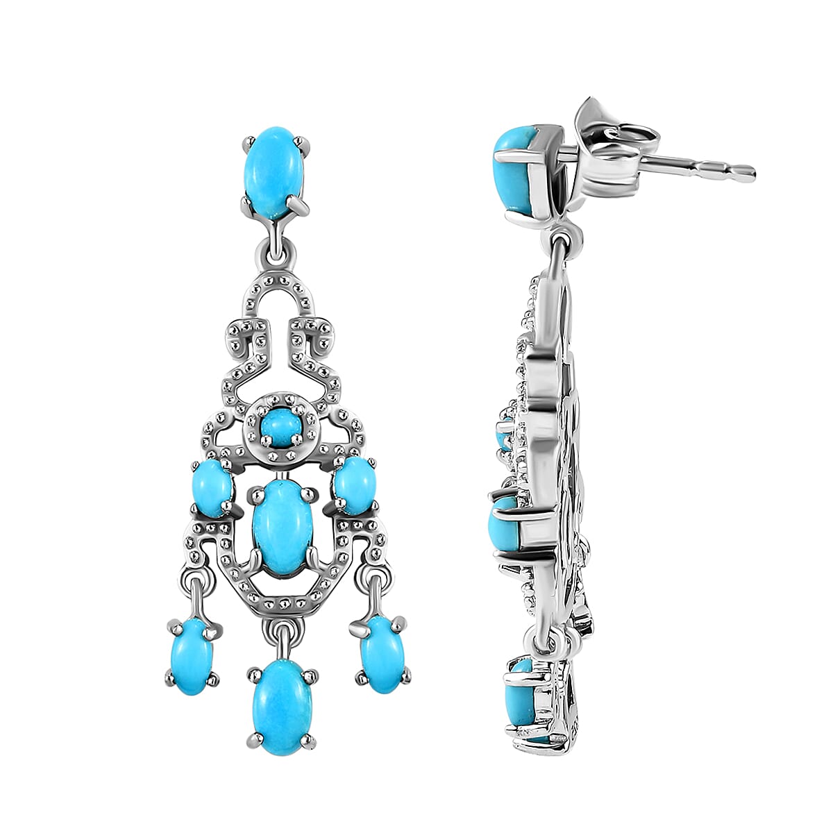 Arizona Sleeping Beauty Turquoise Dangling Earrings (With Push Back) in Platinum Overlay Sterling Silver 2.09 Ct.