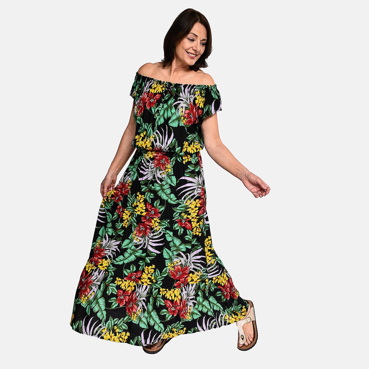 Tamsy 100% Viscose Floral Pattern Maxi Dress (Size 8 - 18) - Black