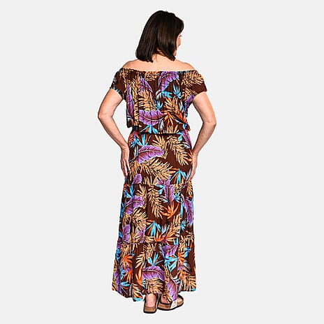 Tamsy 100% Viscose Floral Pattern Off Shoulder Maxi Dress (8-18) - Brown