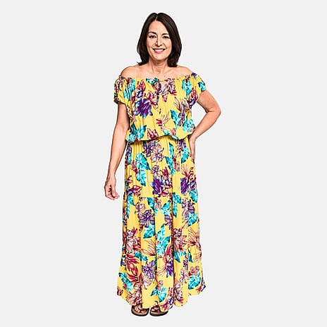Tamsy 100% Viscose Floral Pattern Off Shoulder Maxi Dress (Size 8 - 18) - Yellow