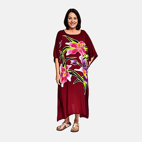 100% Viscose Floral Pattern Maxi Kaftan Dress (one Size) - Burgundy & Multi