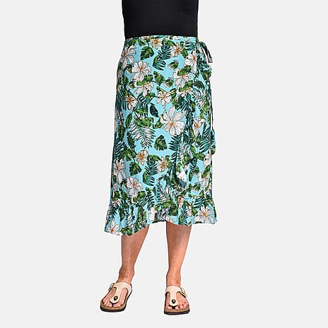 Tamsy 100% Viscose Floral Pattern Wrap Skirt (One Size) - Turquoise - Green