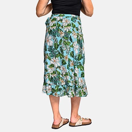 Tamsy 100% Viscose Floral Pattern Wrap Skirt (One Size) - Turquoise - Green