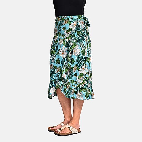 Tamsy 100% Viscose Floral Pattern Wrap Skirt (One Size) - Turquoise - Green