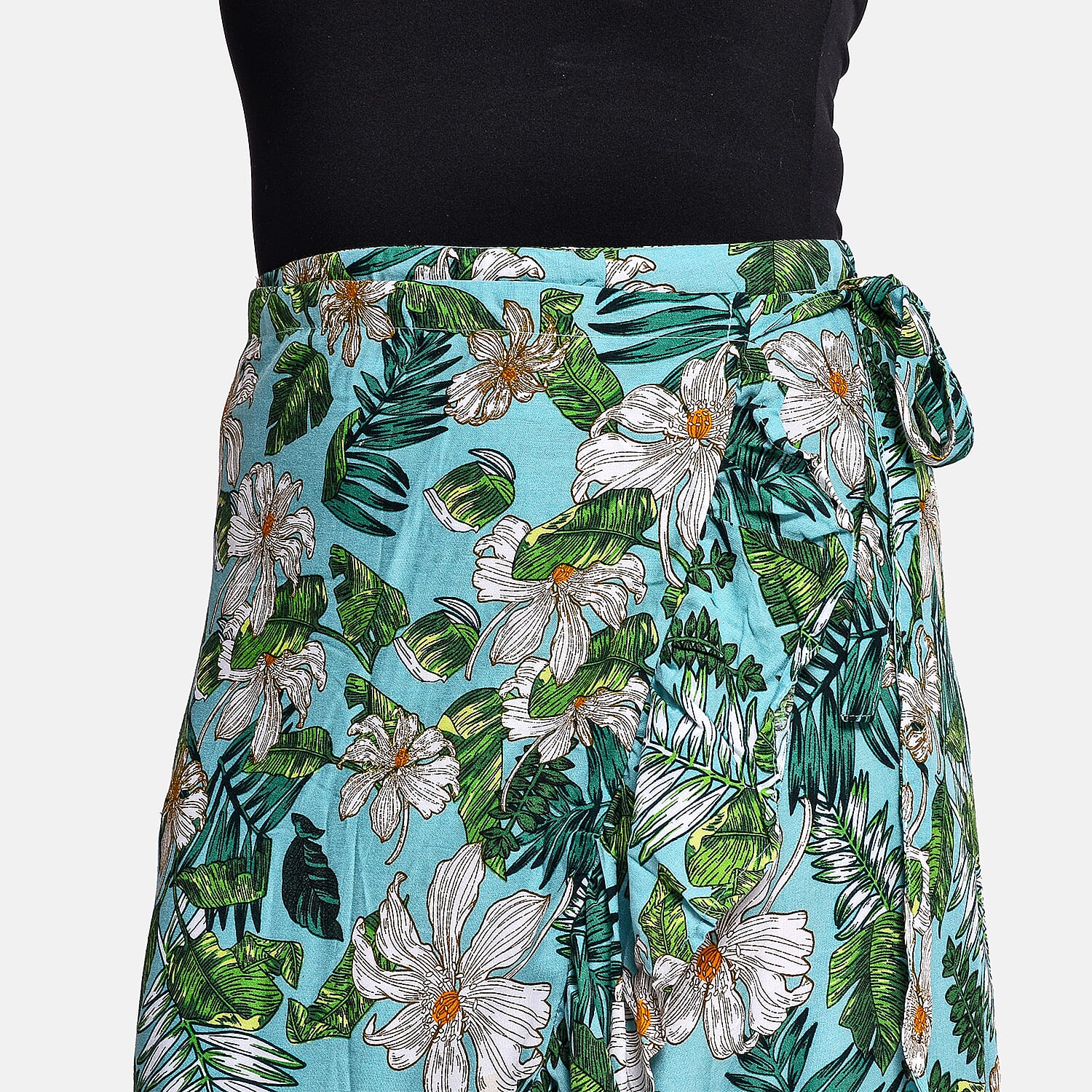 Tamsy 100% Viscose Floral Pattern Wrap Skirt (Curve Size) - Turquoise & Green