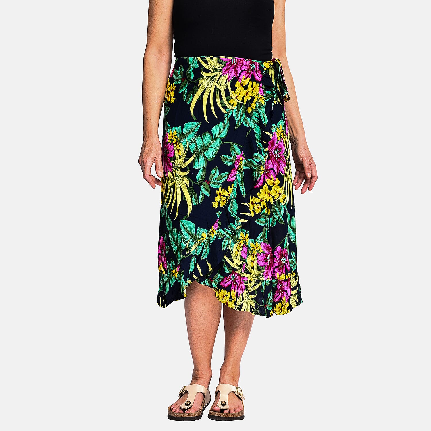 Tamsy 100% Viscose Floral Pattern Wrap Skirt (One Size) - Navy