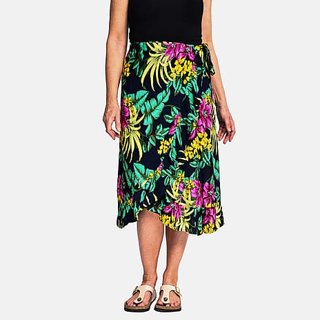 Tamsy 100% Viscose Floral Pattern Wrap Skirt (One Size) - Navy