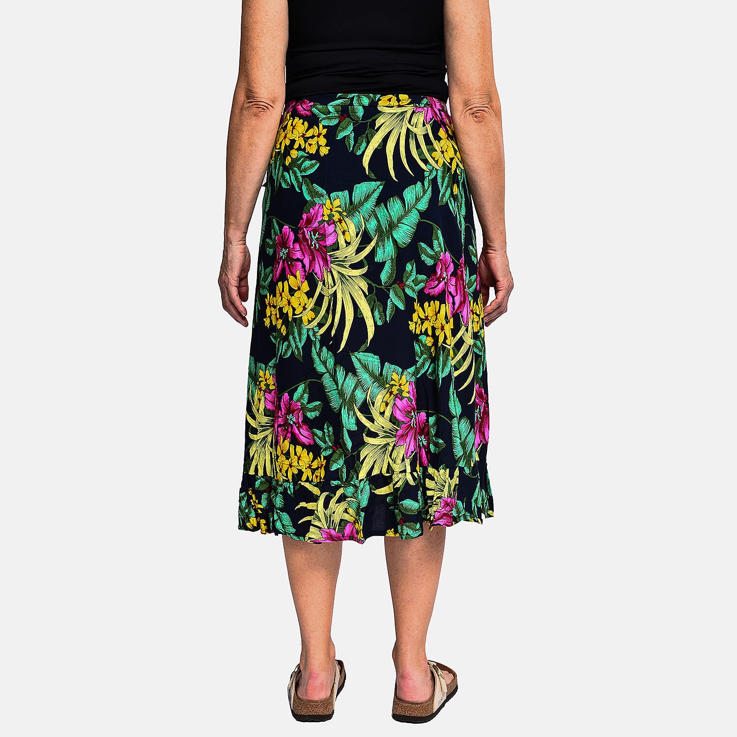 Tamsy 100% Viscose Floral Pattern Wrap Skirt (One Size) - Navy