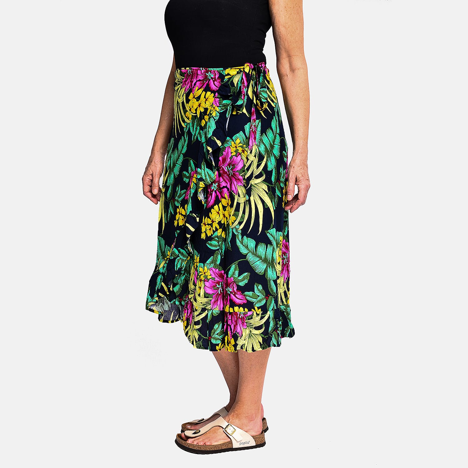 Tamsy 100% Viscose Floral Pattern Wrap Skirt (One Size) - Navy