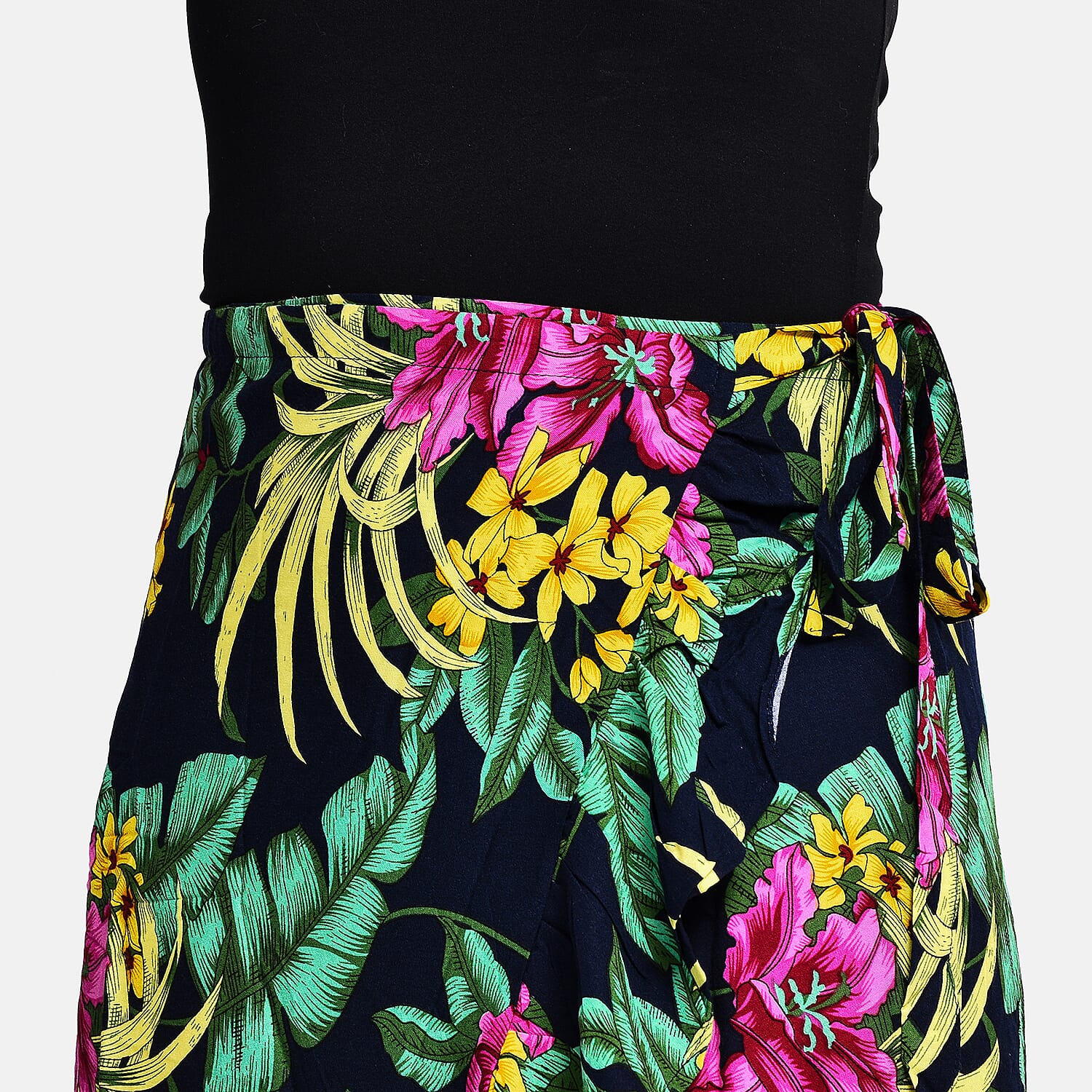 Tamsy 100% Viscose Floral Pattern Wrap Skirt (One Size) - Navy