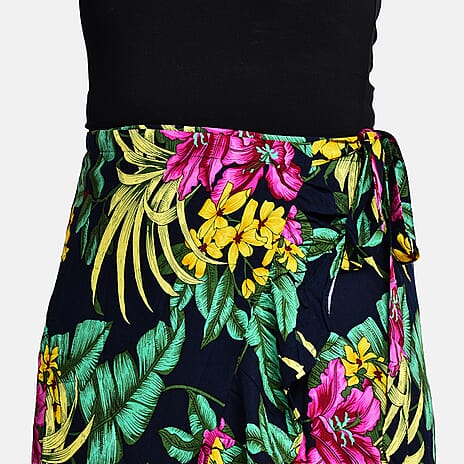 Tamsy 100% Viscose Floral Pattern Wrap Skirt (One Size) - Navy
