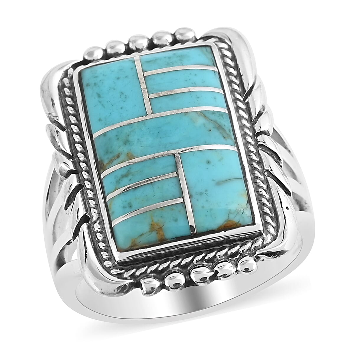 Santa Fe Collection - Turquoise Ring in Sterling Silver 2.00 Ct, Silver Wt 7.80 Gms