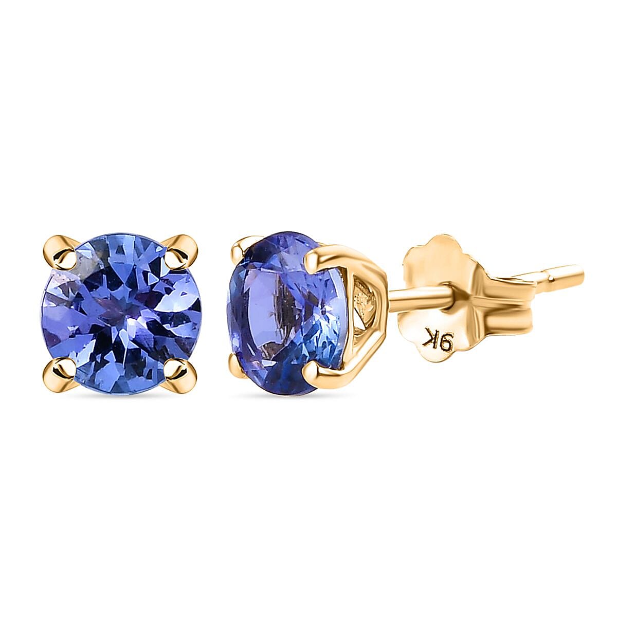 9K Yellow Gold  AA Tanzanite Solitaire Stud Push Post Earrings (With Push Back) 1.09 Ct.