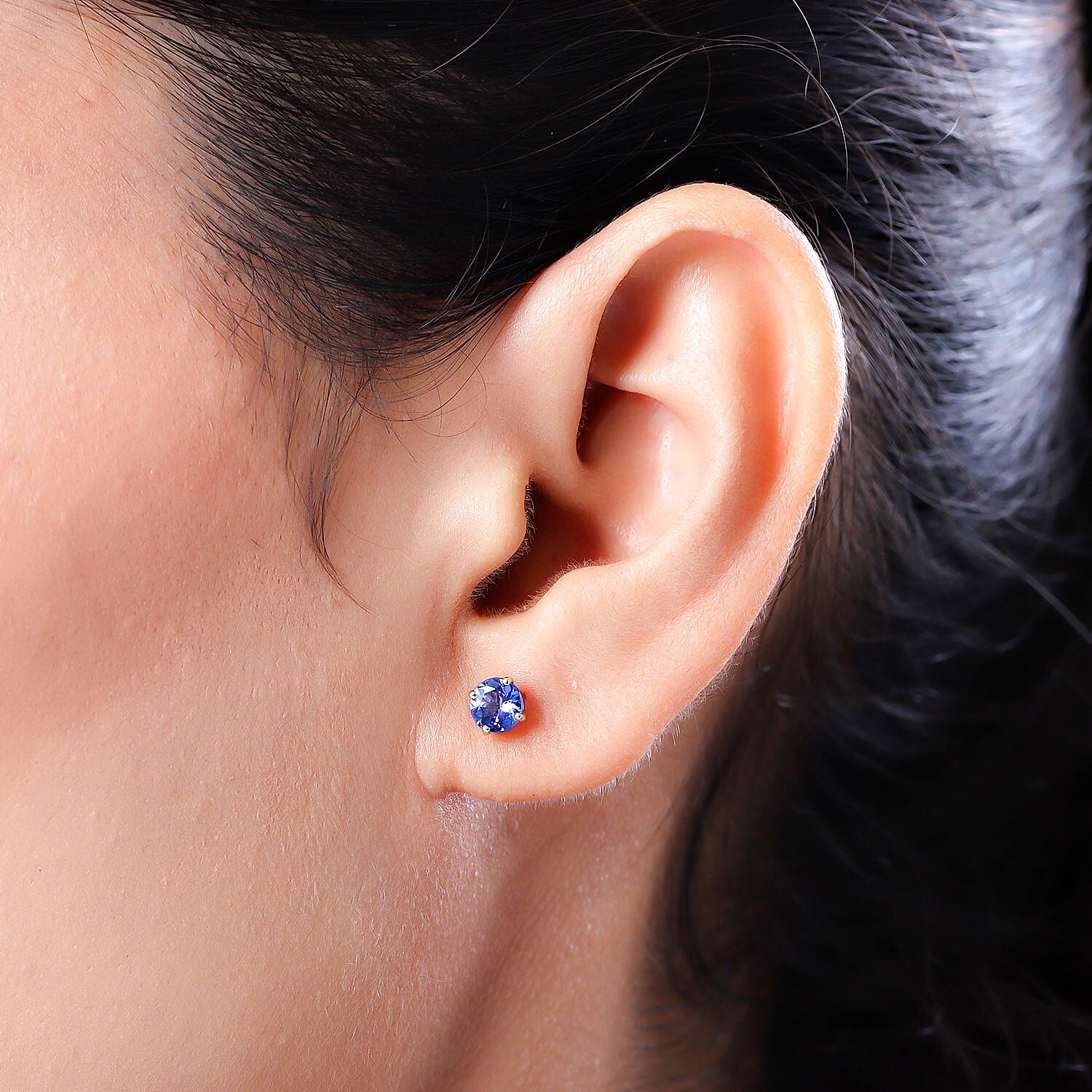 9K Yellow Gold  AA Tanzanite Solitaire Stud Push Post Earrings (With Push Back) 1.09 Ct.