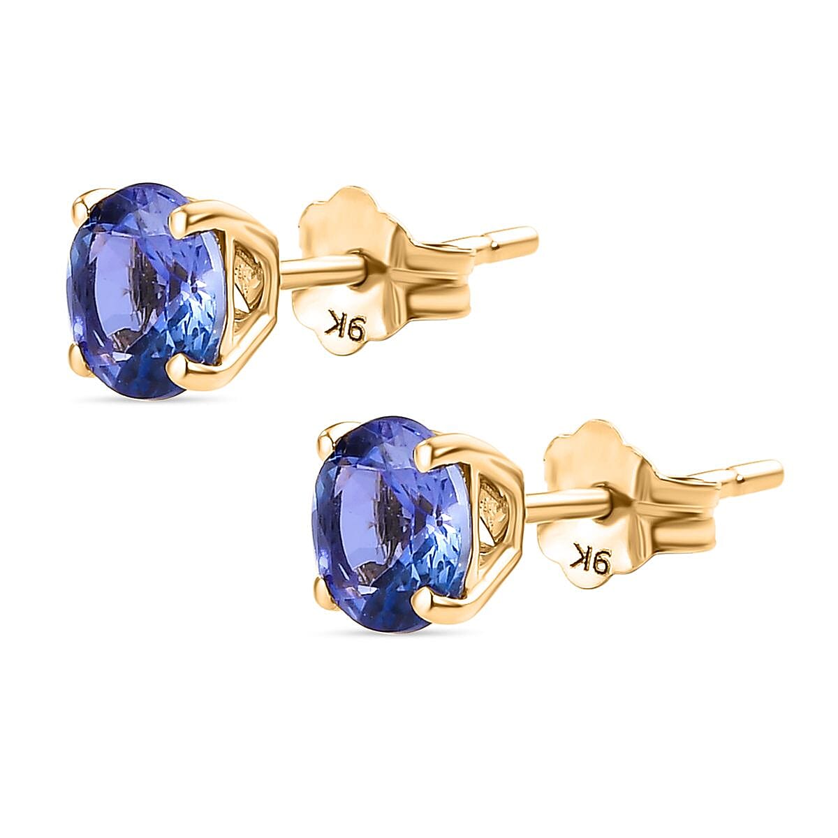 9K Yellow Gold  AA Tanzanite Solitaire Stud Push Post Earrings (With Push Back) 1.09 Ct.