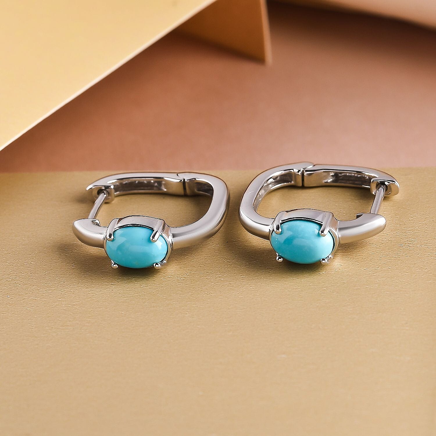 Arizona Sleeping Beauty Turquoise Hoop Earrings (With Clasp) in Platinum Overlay Sterling Silver 1.42 Ct.