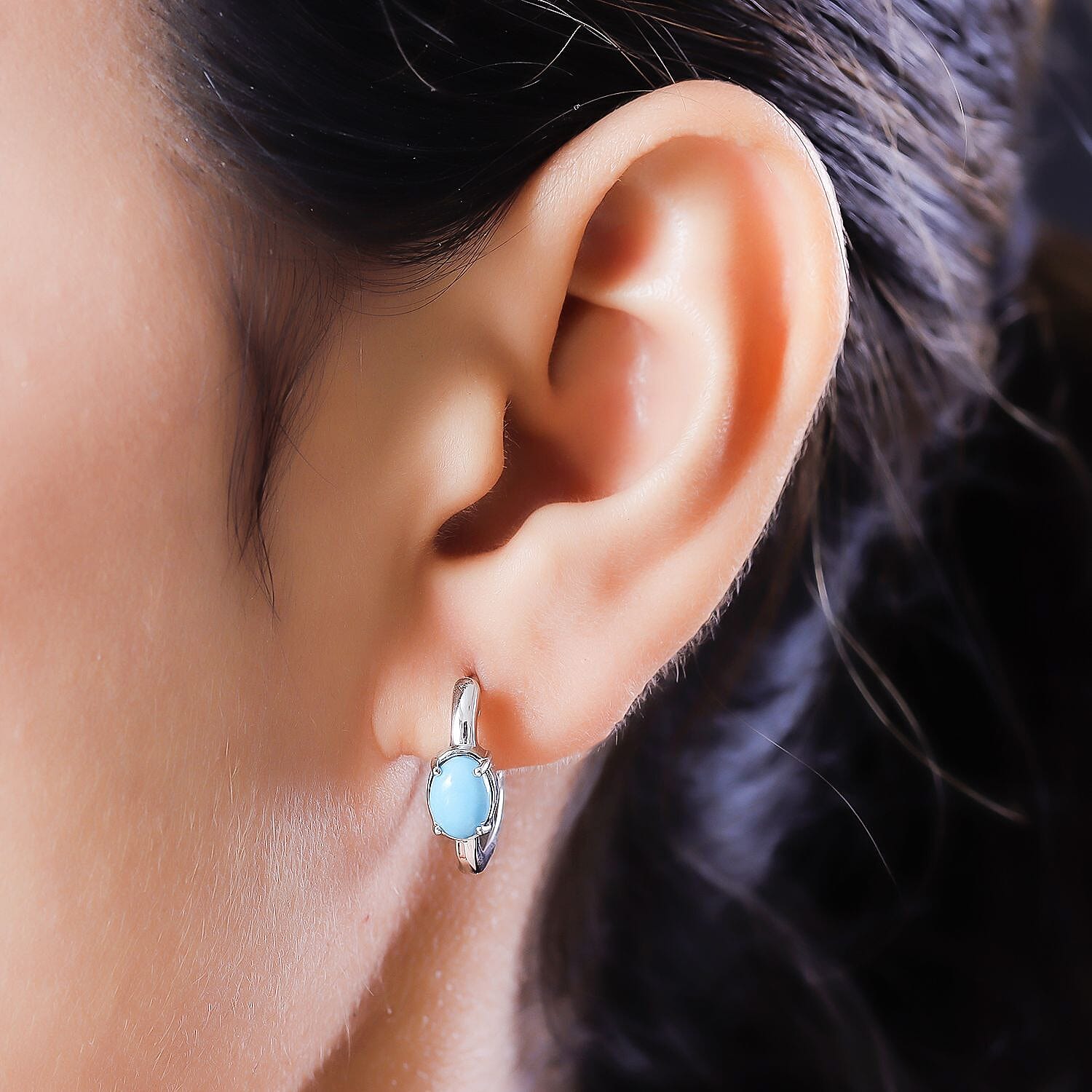 Arizona Sleeping Beauty Turquoise Hoop Earrings (With Clasp) in Platinum Overlay Sterling Silver 1.42 Ct.