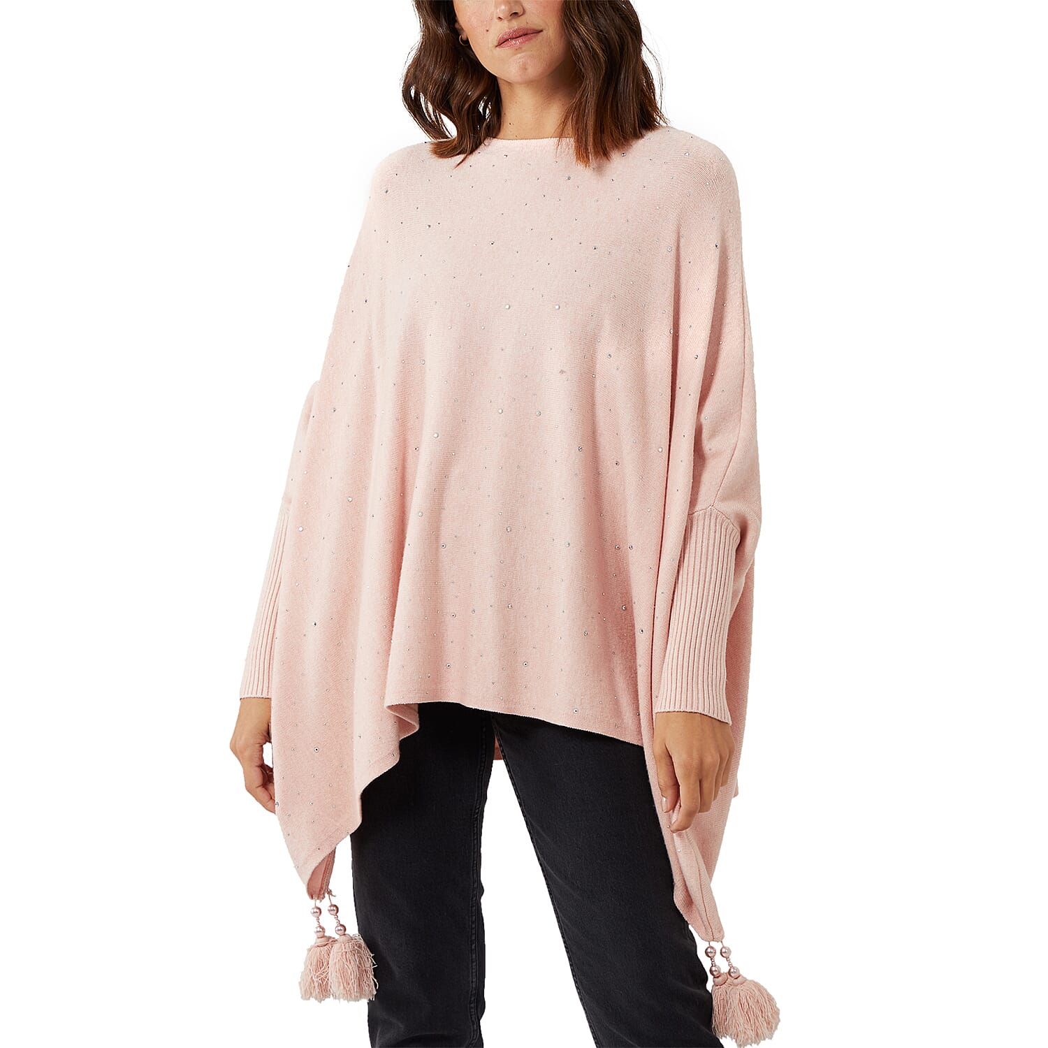 Nova of London Diamante Heatseal Tassel Oversized Poncho Jumper (Size One Size) - Rose Pink
