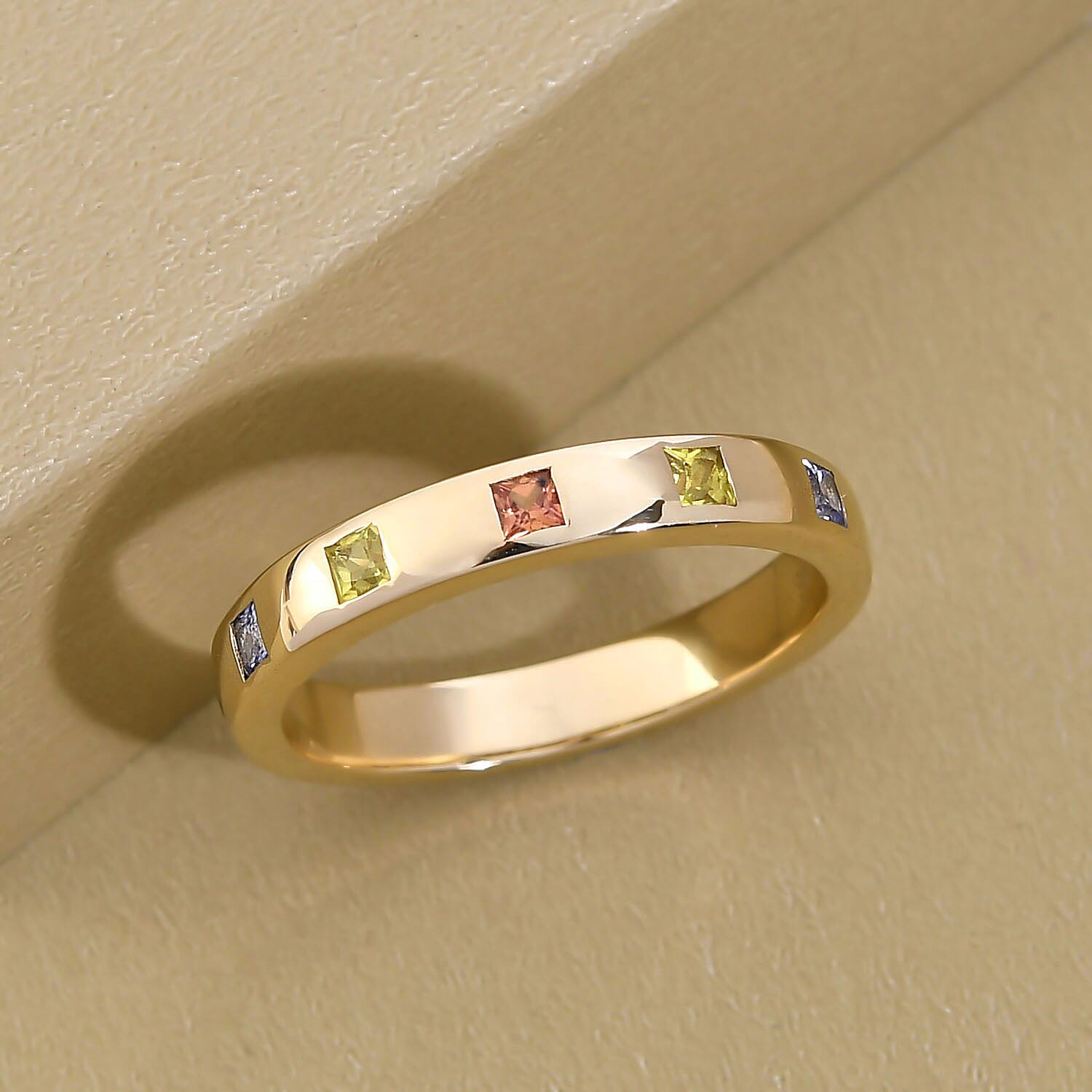 9K Yellow Gold AA Blue Sapphire, AA Yellow Sapphire and AA Orange Sapphire Ring 0.32 Ct