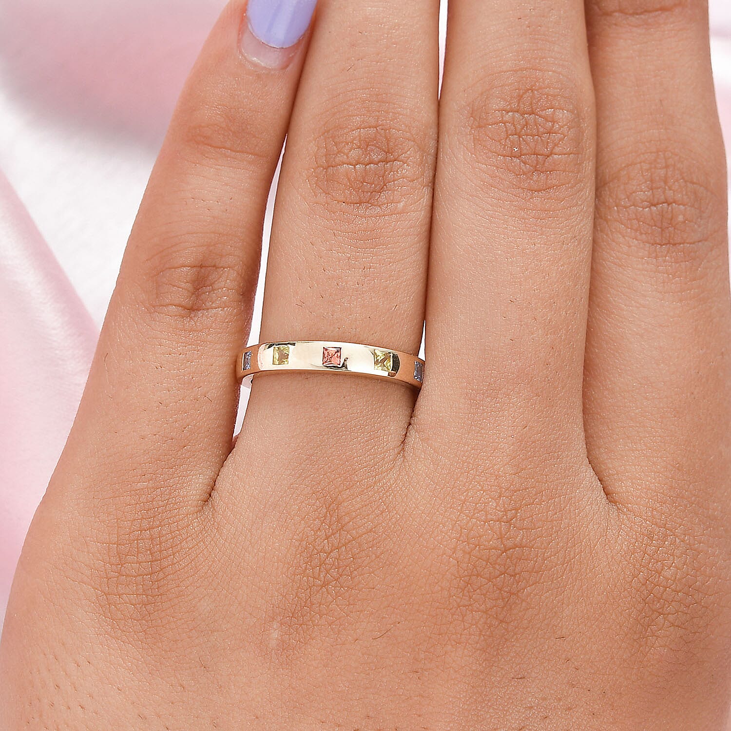 9K Yellow Gold AA Blue Sapphire, AA Yellow Sapphire and AA Orange Sapphire Ring 0.32 Ct