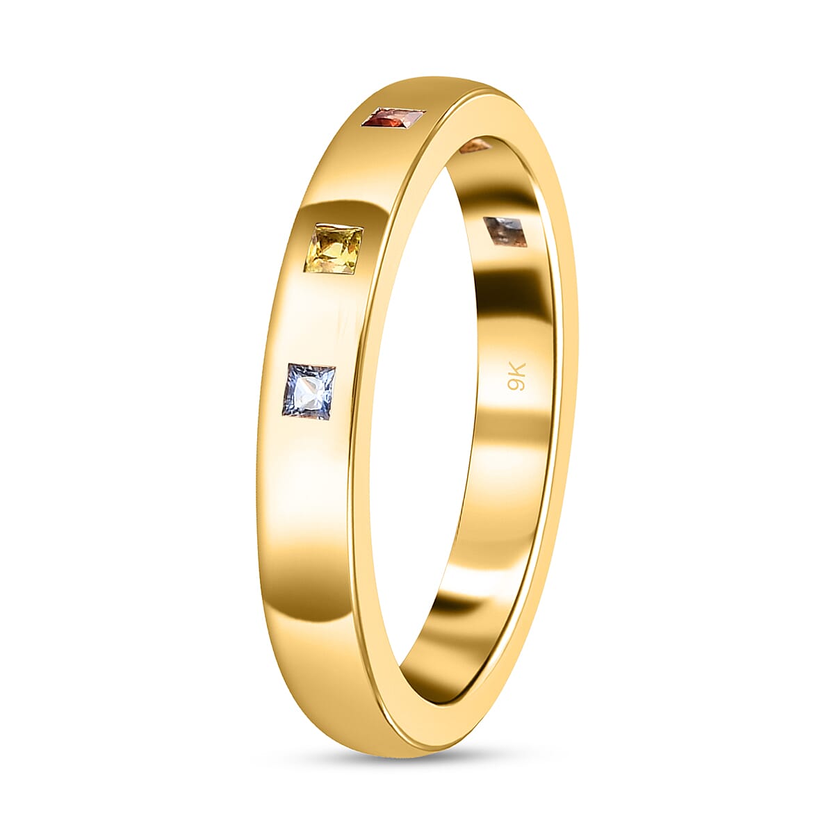 9K Yellow Gold AA Blue Sapphire, AA Yellow Sapphire and AA Orange Sapphire Ring 0.32 Ct