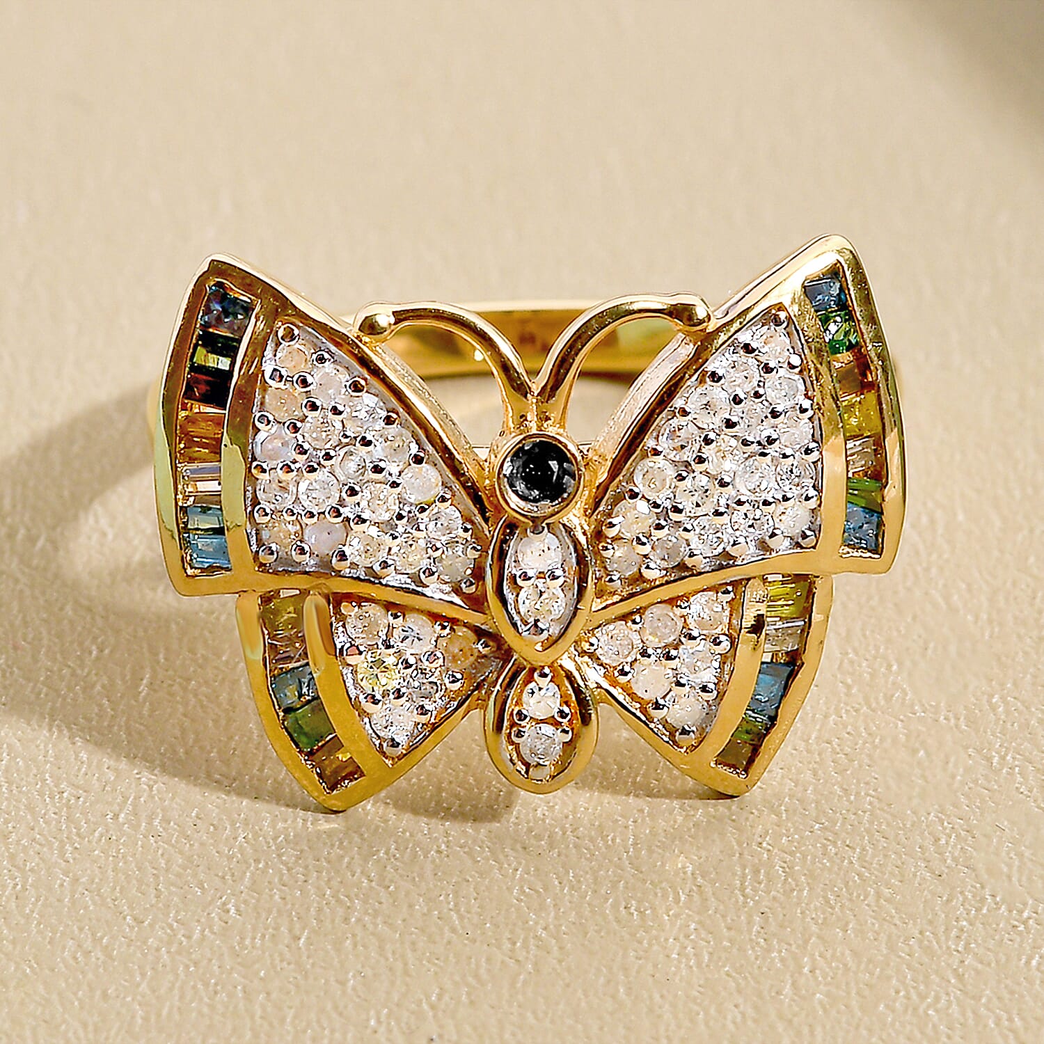 Graziella 23K Gold Plated Carved Resin & Quartz Butterfly & Flower Ring main image 1