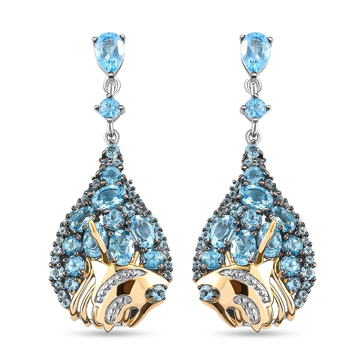 GP Swiss Blue Topaz Earrings (with Push Back) in Vermeil Yellow Gold Plated Sterling Silver 13.30 Ct, Silver Wt. 12.00 Gms