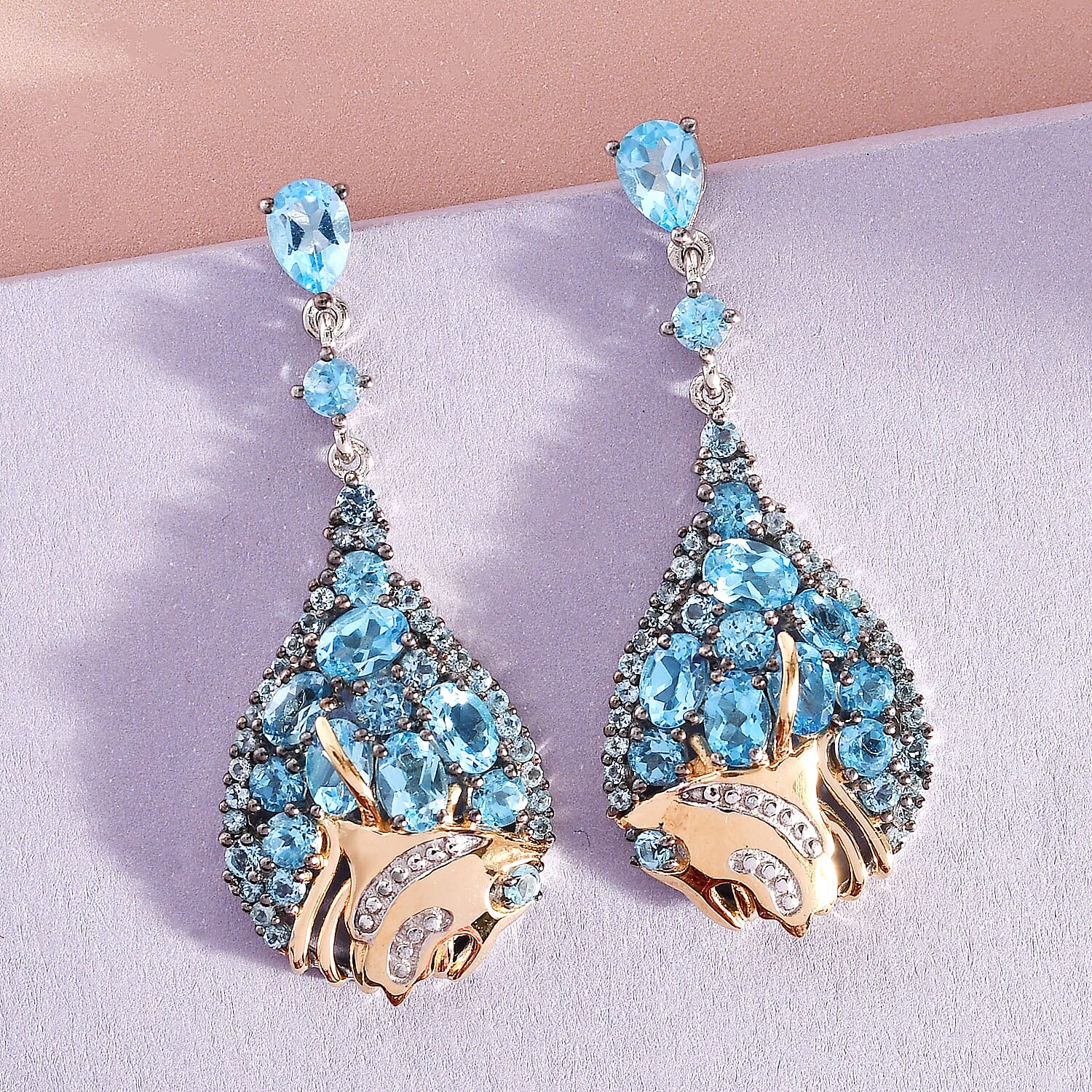 GP Swiss Blue Topaz Earrings (with Push Back) in Vermeil Yellow Gold Plated Sterling Silver 13.30 Ct, Silver Wt. 12.00 Gms