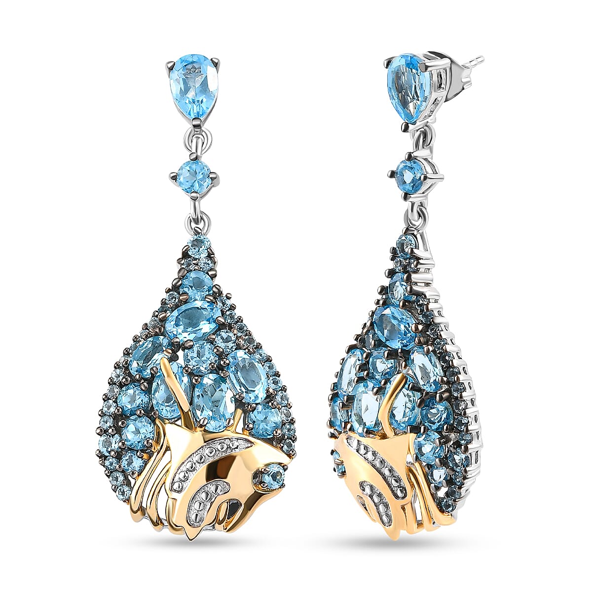 GP Swiss Blue Topaz Earrings (with Push Back) in Vermeil Yellow Gold Plated Sterling Silver 13.30 Ct, Silver Wt. 12.00 Gms