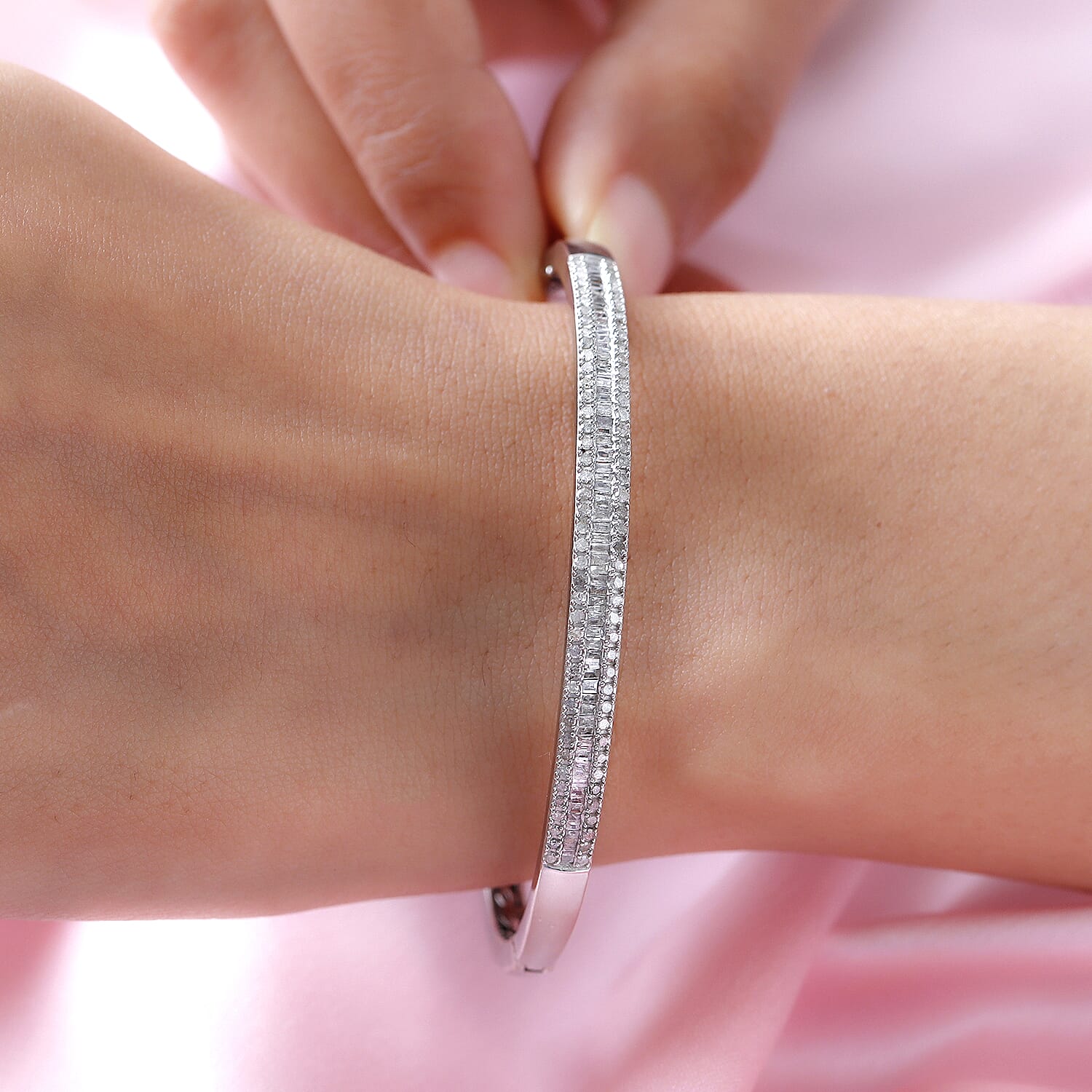 Designer Inspired-Diamond Bangle (Size 7.5) in Platinum Overlay Sterling Silver 1.00 Ct, Silver Wt. 16.06 Gms