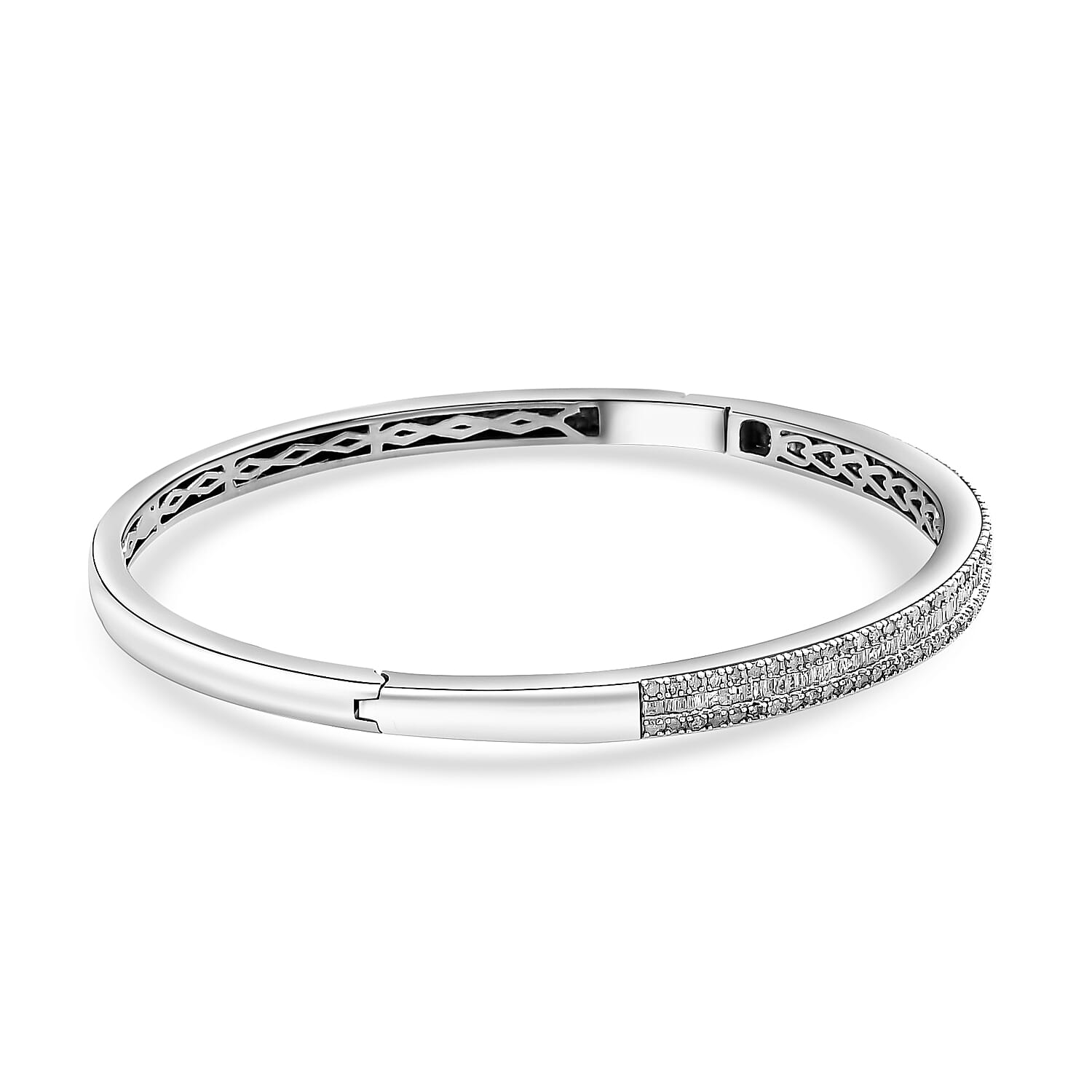 Designer Inspired-Diamond Bangle (Size 7.5) in Platinum Overlay Sterling Silver 1.00 Ct, Silver Wt. 16.06 Gms