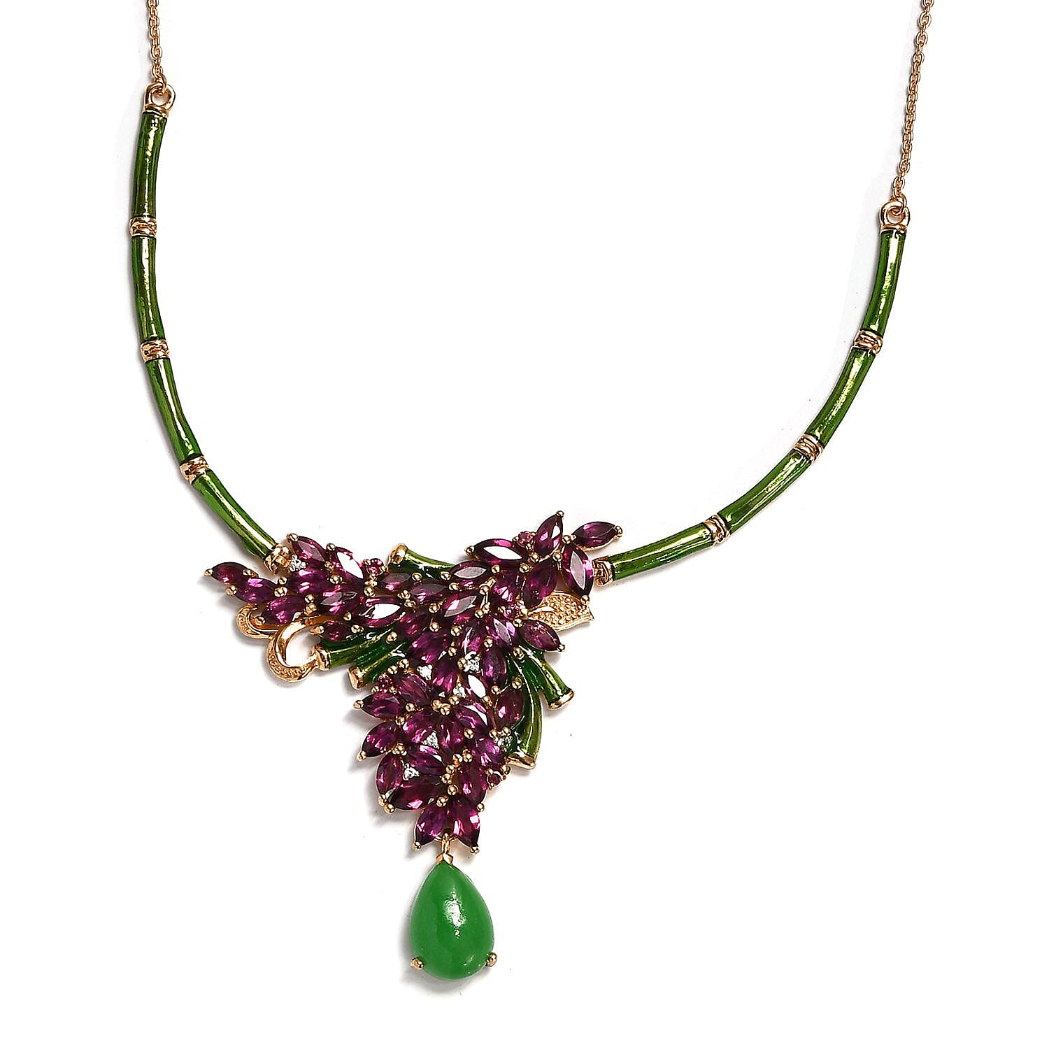 GP Italian Garden Collection - Rhodolite Garnet and Multi Gemstone With Enamelled Necklace (Size - 18 With 2 Inch Extender ) in 18K Vermeil YG Overlay Sterling Silver 18.72 Ct, Silver Wt. 18.70 Gms
